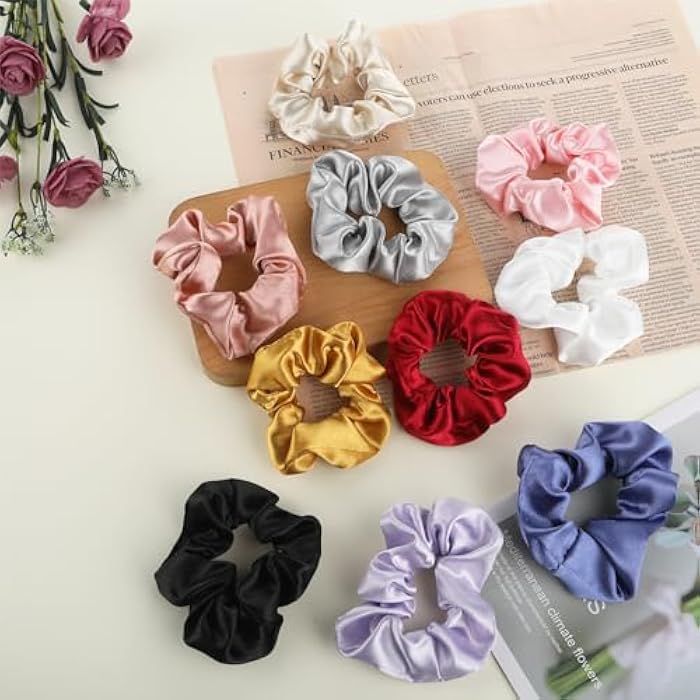 Gjinxi Scrunchies Set 10 Packs Hair Ties Silky Satin Velvet Elastic Hairbands Vintage Headband Girls Bands Ponytail Holder Soft Accessories Simple Hairties For Women Girls Thin Thick Hair(Mixed Color) - Image 3